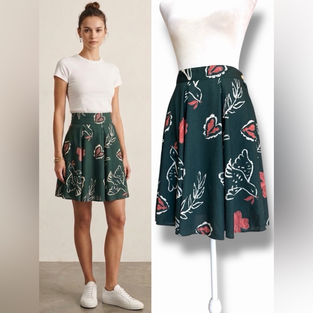 Vintage 90s Esprit Love Bird Heart Print Rayon Skirt Green Pink White XS